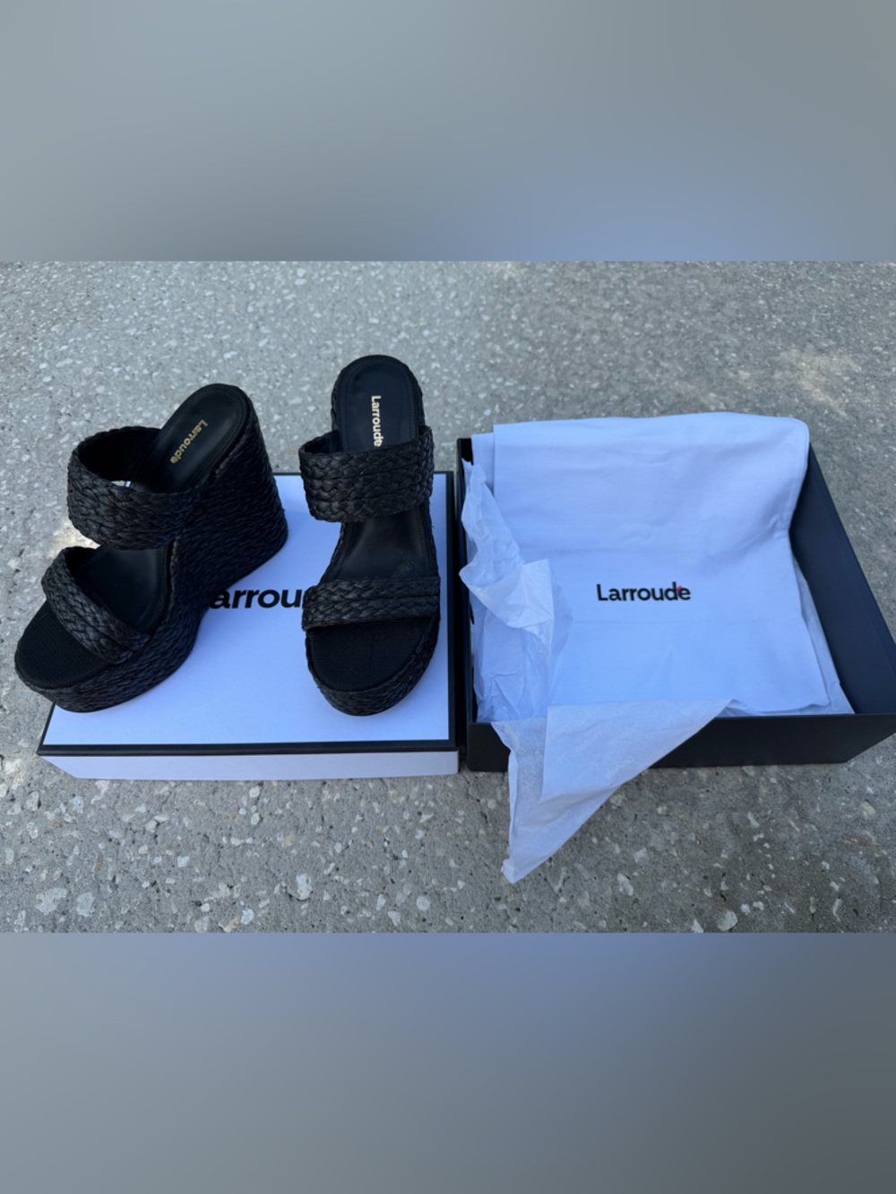 Larroude Pamela Black Espadrille Platform  Sandals